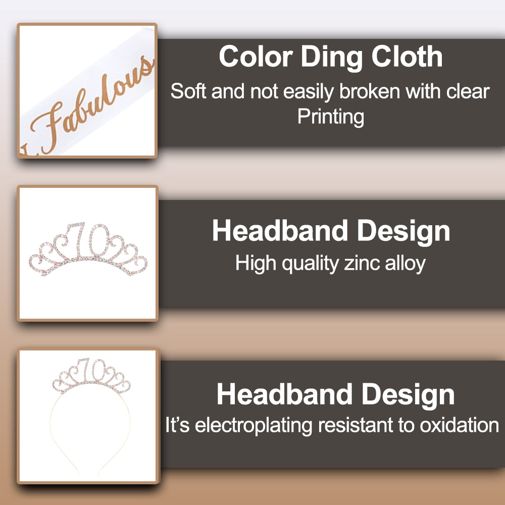 Ecomtwist 70th Birthday Sash & Tiara Set - Rose Gold 70 & Fabulous Satin Sash and Rhinestone Tiara - Ideal for 70th Birthday Gifts, Decorations, and Accessories for Women’s Celebrations