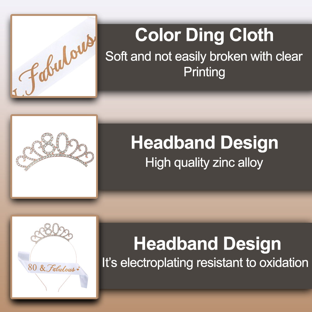 Ecomtwist 80th Birthday Sash & Tiara Set - Rose Gold 80 & Fabulous Satin Sash and Rhinestone Tiara - Ideal for 80th Birthday Gifts, Decorations, and Celebration Accessories for Women