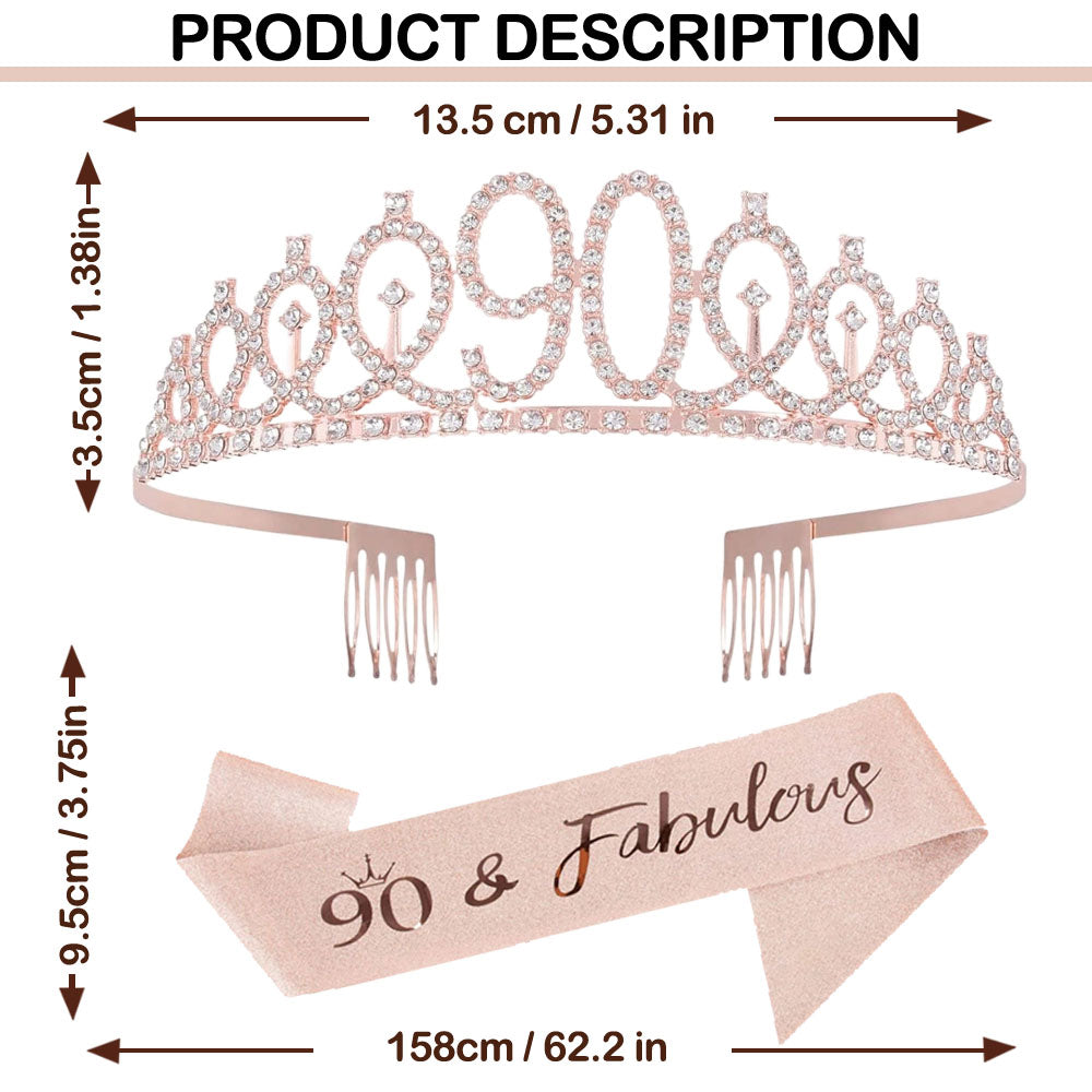 Ecomtwist 90th Birthday Sash & Tiara Set - Rose Gold “90 & Fabulous” Sash & Rhinestone Tiara - Perfect for 90th Birthday Gifts, Decorations, Crown, Headband, and Party Accessories for Women.