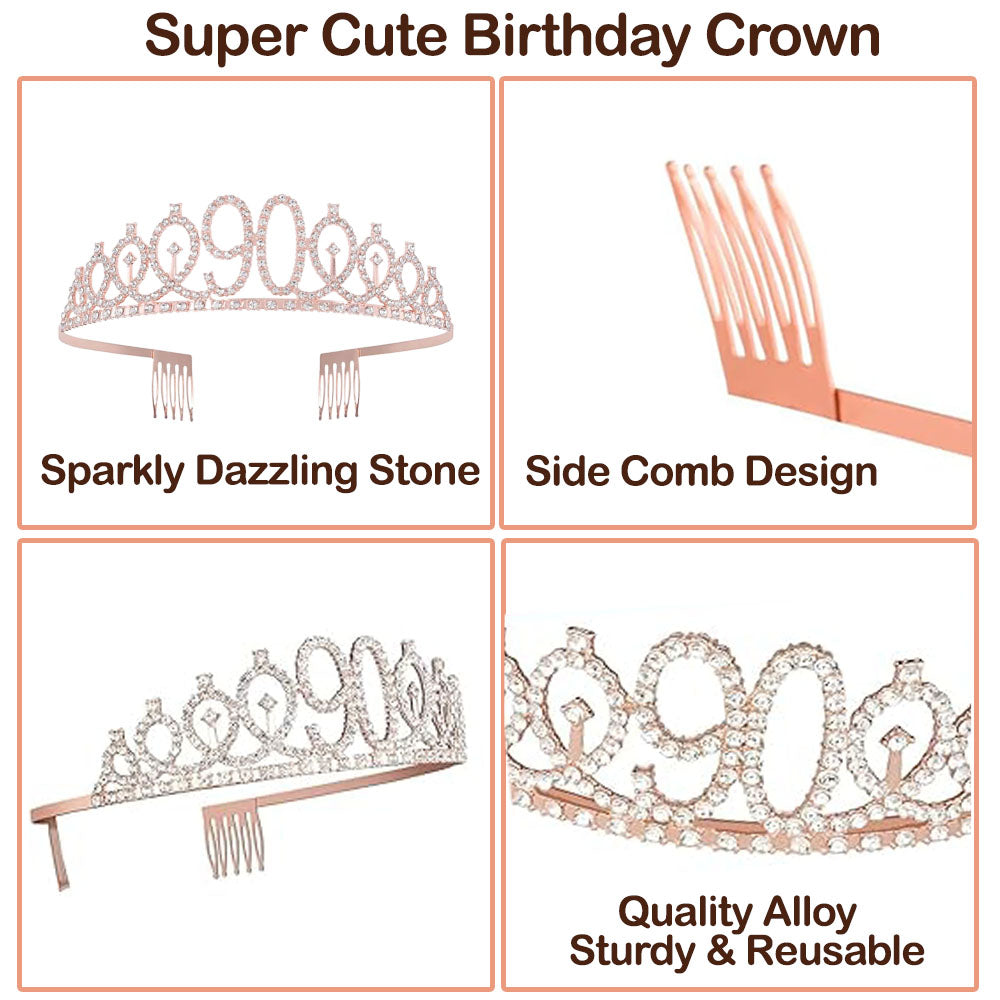 Ecomtwist 90th Birthday Sash & Tiara Set - Rose Gold “90 & Fabulous” Sash & Rhinestone Tiara - Perfect for 90th Birthday Gifts, Decorations, Crown, Headband, and Party Accessories for Women.