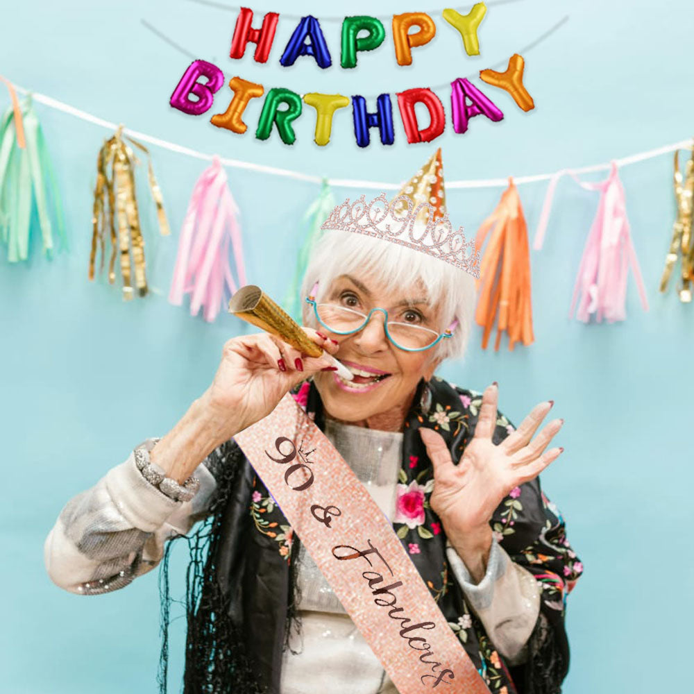 Ecomtwist 90th Birthday Sash & Tiara Set - Rose Gold “90 & Fabulous” Sash & Rhinestone Tiara - Perfect for 90th Birthday Gifts, Decorations, Crown, Headband, and Party Accessories for Women.