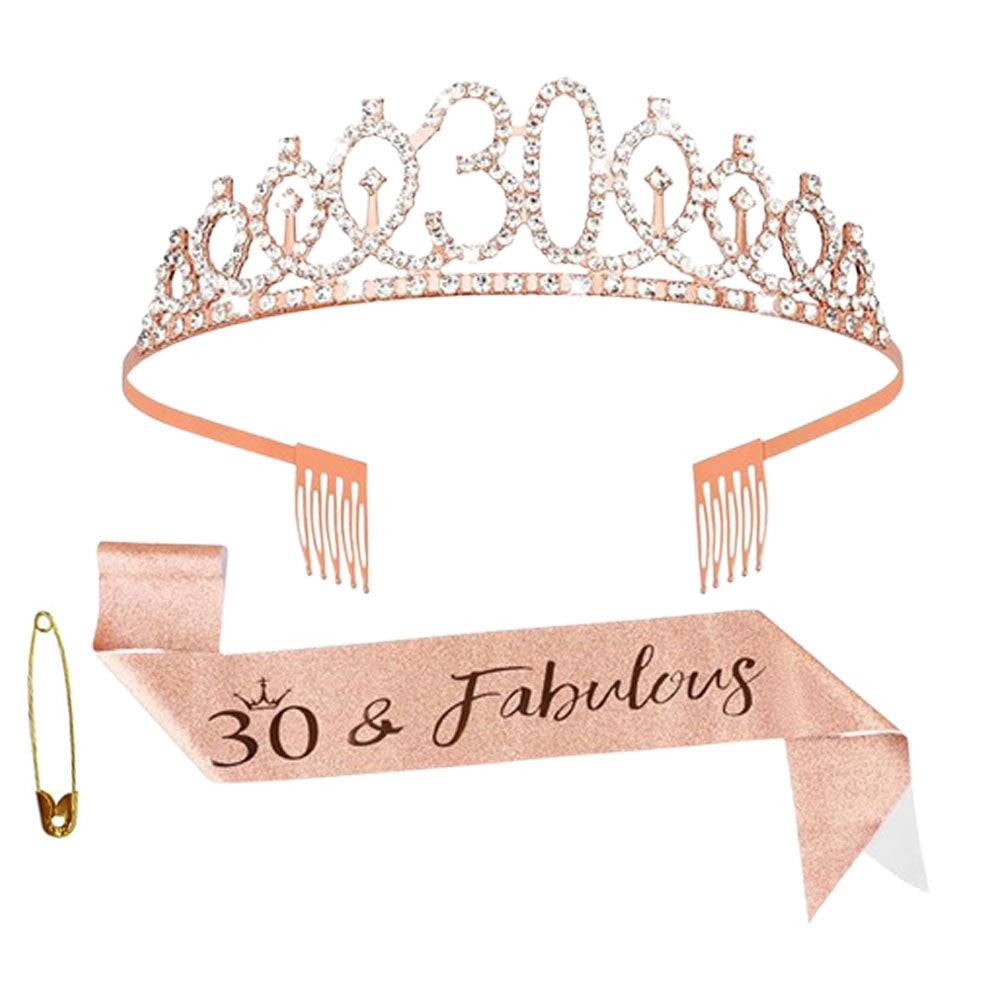 Ecomtwist 30th Birthday Sash & Tiara Set - Elegant Rose Gold Glitter Sash with "30 and Fabulous" Text and Sparkling Rhinestone Tiara - Celebrating Her Milestone 30th Birthday Gifts for Women