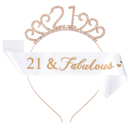 Ecomtwist 21st Birthday Sash & Tiara Set - Rose Gold “21 and Fabulous” Sash & Rhinestone Tiara - Perfect for 21st Birthday Gifts, Decorations, and Party Accessories