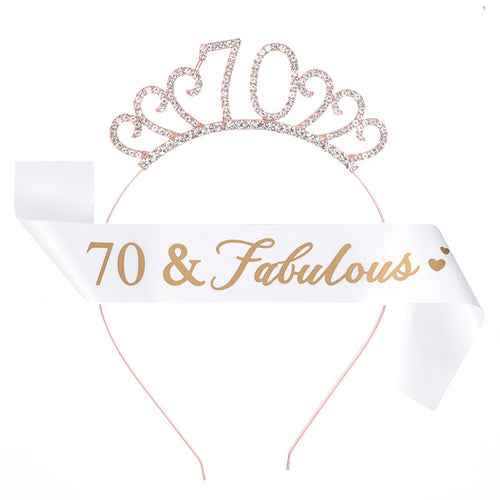 Ecomtwist 70th Birthday Sash & Tiara Set - Rose Gold 70 & Fabulous Satin Sash and Rhinestone Tiara - Ideal for 70th Birthday Gifts, Decorations, and Accessories for Women’s Celebrations