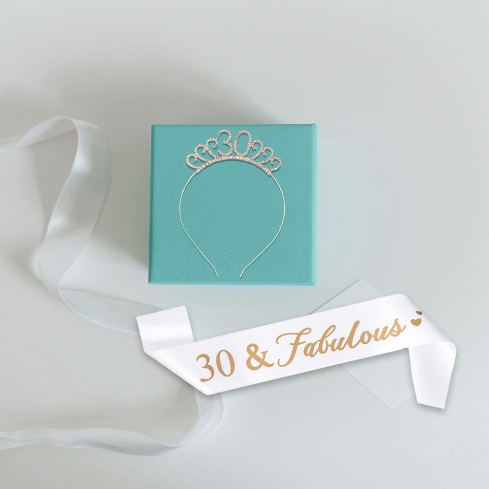 Ecomtwist 30th Birthday Sash & Tiara Set – Rose Gold Glitter Sash with 30 and Fabulous Text and Sparkling Rhinestone Tiara – Perfect Milestone Birthday Gift for Women.