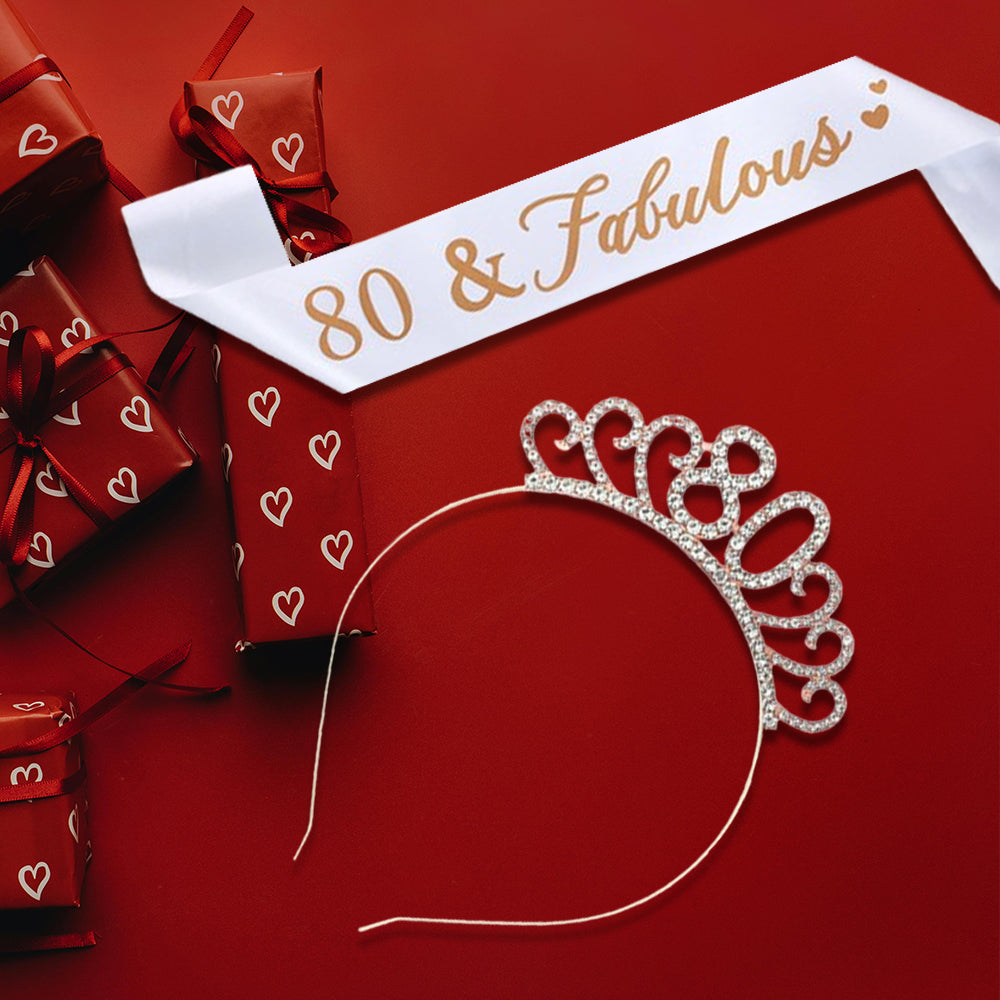 Ecomtwist 80th Birthday Sash & Tiara Set - Rose Gold 80 & Fabulous Satin Sash and Rhinestone Tiara - Ideal for 80th Birthday Gifts, Decorations, and Celebration Accessories for Women