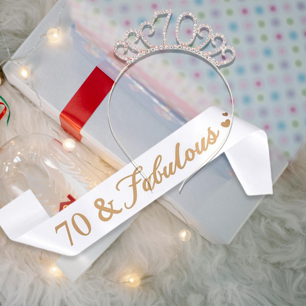 Ecomtwist 70th Birthday Sash & Tiara Set - Rose Gold 70 & Fabulous Satin Sash and Rhinestone Tiara - Ideal for 70th Birthday Gifts, Decorations, and Accessories for Women’s Celebrations