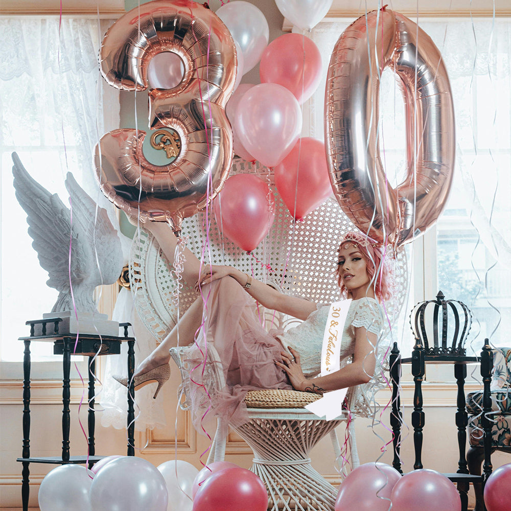 Ecomtwist 30th Birthday Sash & Tiara Set – Rose Gold Glitter Sash with 30 and Fabulous Text and Sparkling Rhinestone Tiara – Perfect Milestone Birthday Gift for Women.