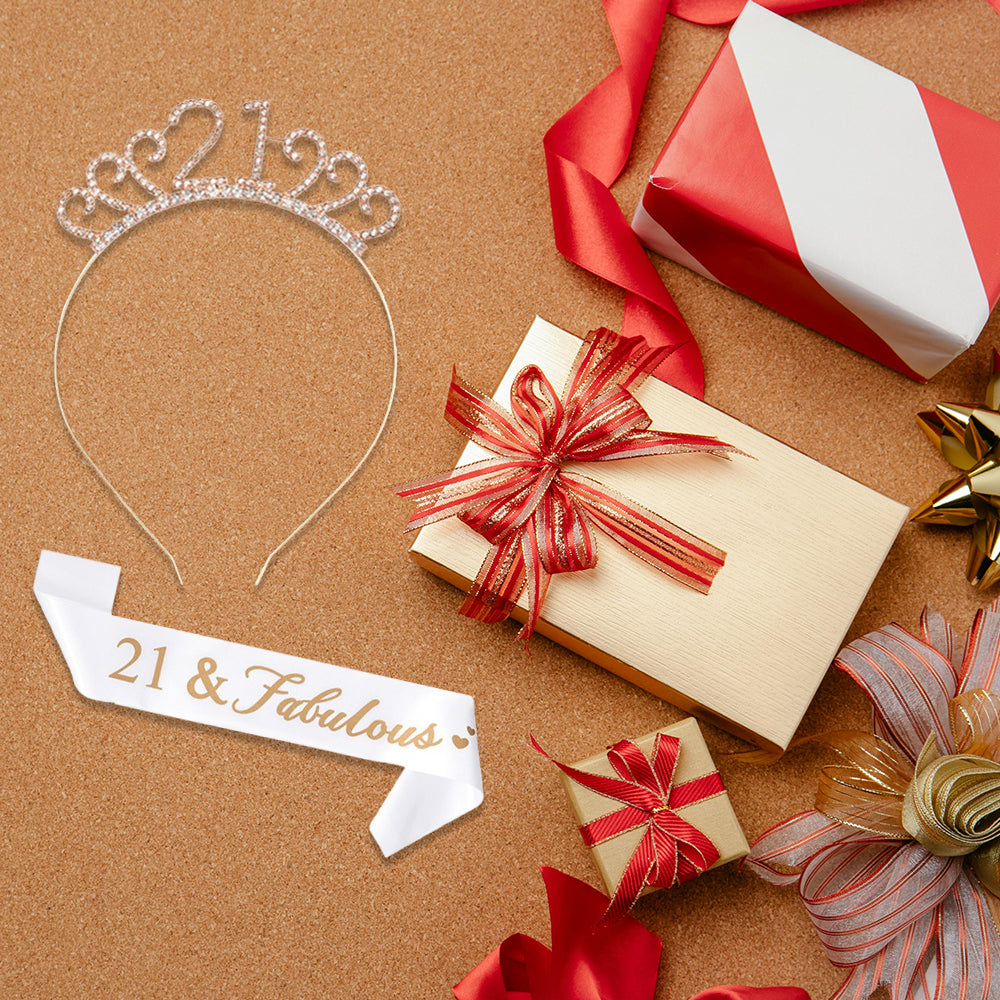 Ecomtwist 21st Birthday Sash & Tiara Set - Rose Gold “21 and Fabulous” Sash & Rhinestone Tiara - Perfect for 21st Birthday Gifts, Decorations, and Party Accessories