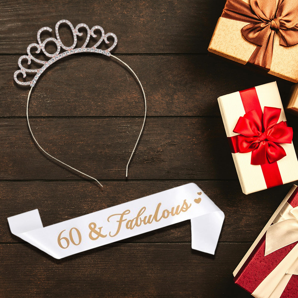 Ecomtwist 60th Celebration Sash & Crown Set - Rose Gold 60 and Fabulous Sash & Sparkling Rhinestone Crown - Ideal for 60th Birthday Gifts for Her, Milestone Party Decorations, and Accessories.