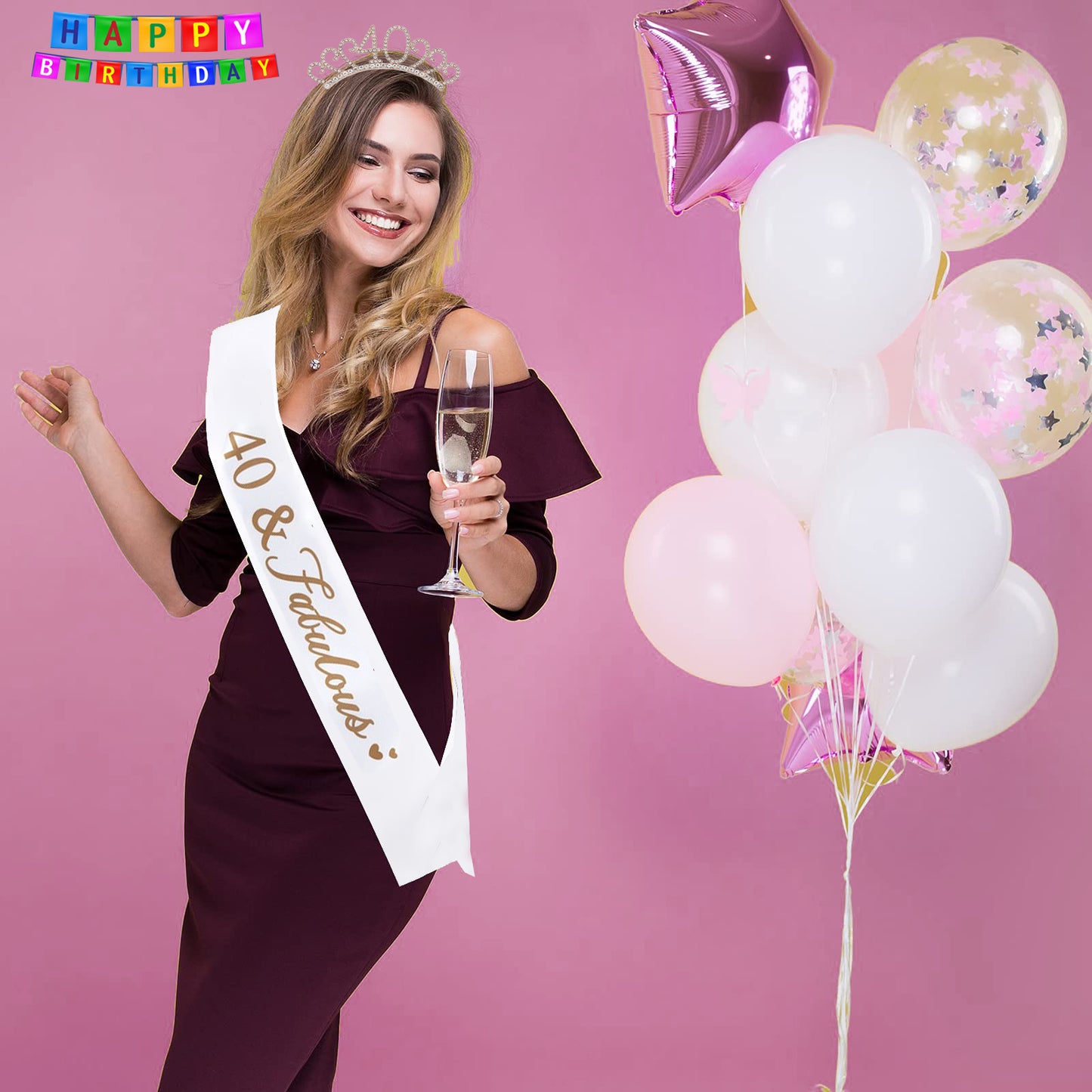 Ecomtwist 40th Birthday Sash and Tiara Set - Rose Gold 40 & Fabulous Sash with Rhinestone Tiara - Ideal for 40th Birthday Gifts, Celebrations, Crowns, Headbands, and Party Accessories for Women.