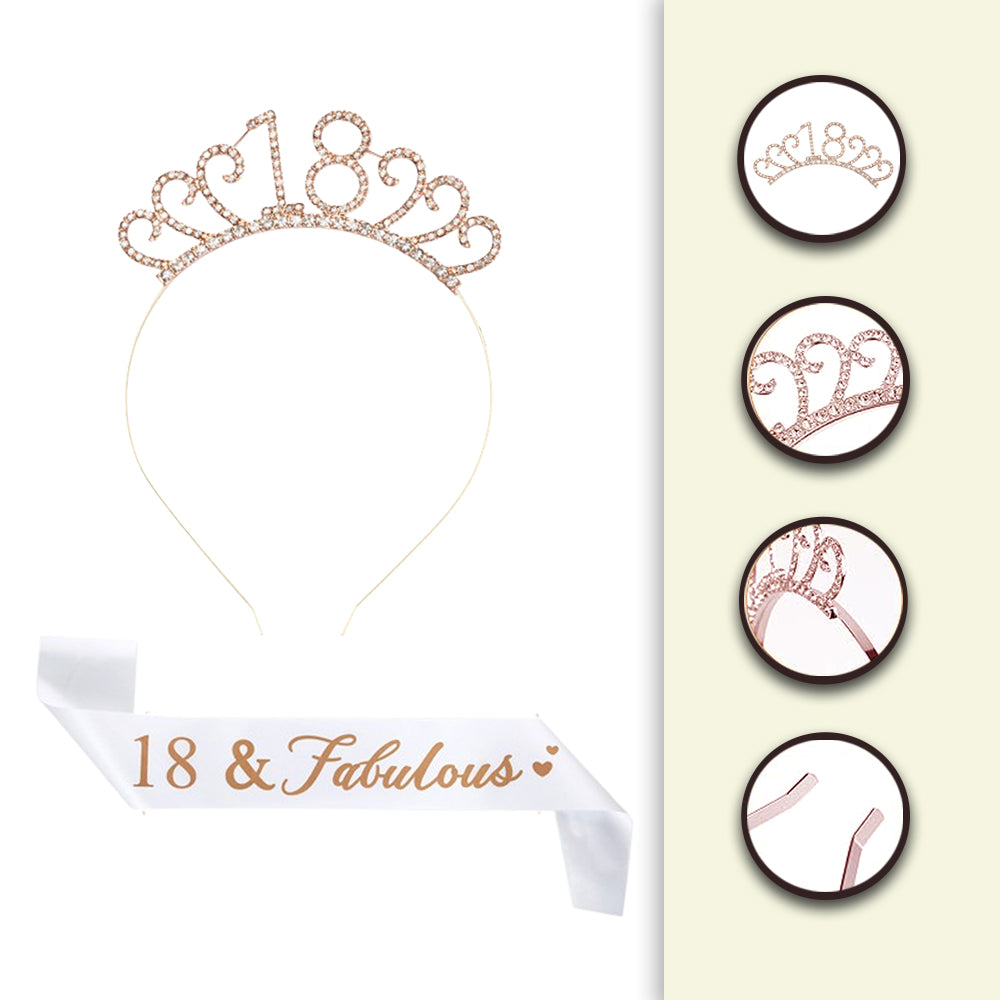 Ecomtwist 18th Birthday Sash & Tiara Set - Elegant Rose Gold Glitter Sash with 18 & Fabulous Text and Sparkling Rhinestone Tiara - Perfect for 18th Birthday Gifts for Girls and Party Celebrations.