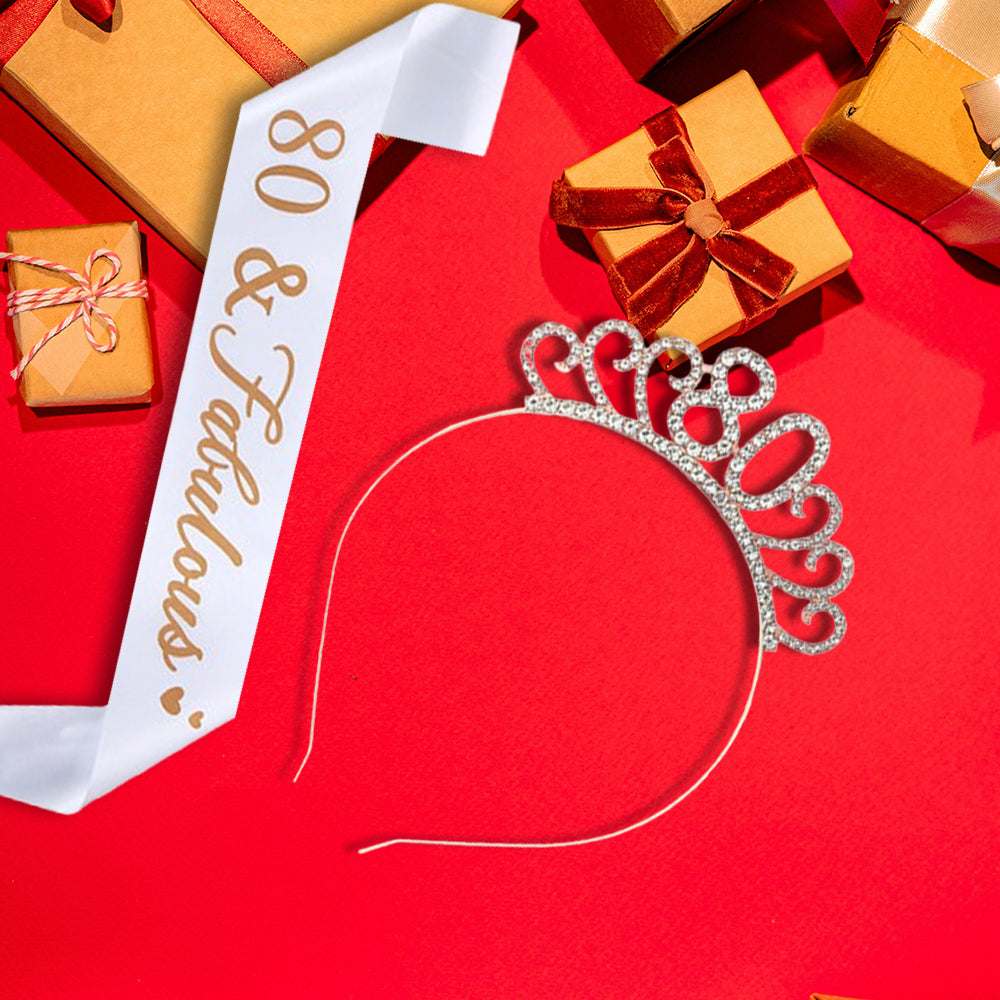 Ecomtwist 80th Birthday Sash & Tiara Set - Rose Gold 80 & Fabulous Satin Sash and Rhinestone Tiara - Ideal for 80th Birthday Gifts, Decorations, and Celebration Accessories for Women