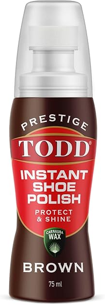 TODD PRESTIGELiquid Shoe Polish Brown with Carnauba Wax | Instant Shine and Protect for Shoes, Boots, Bags | 75ml Bottle with Sponge