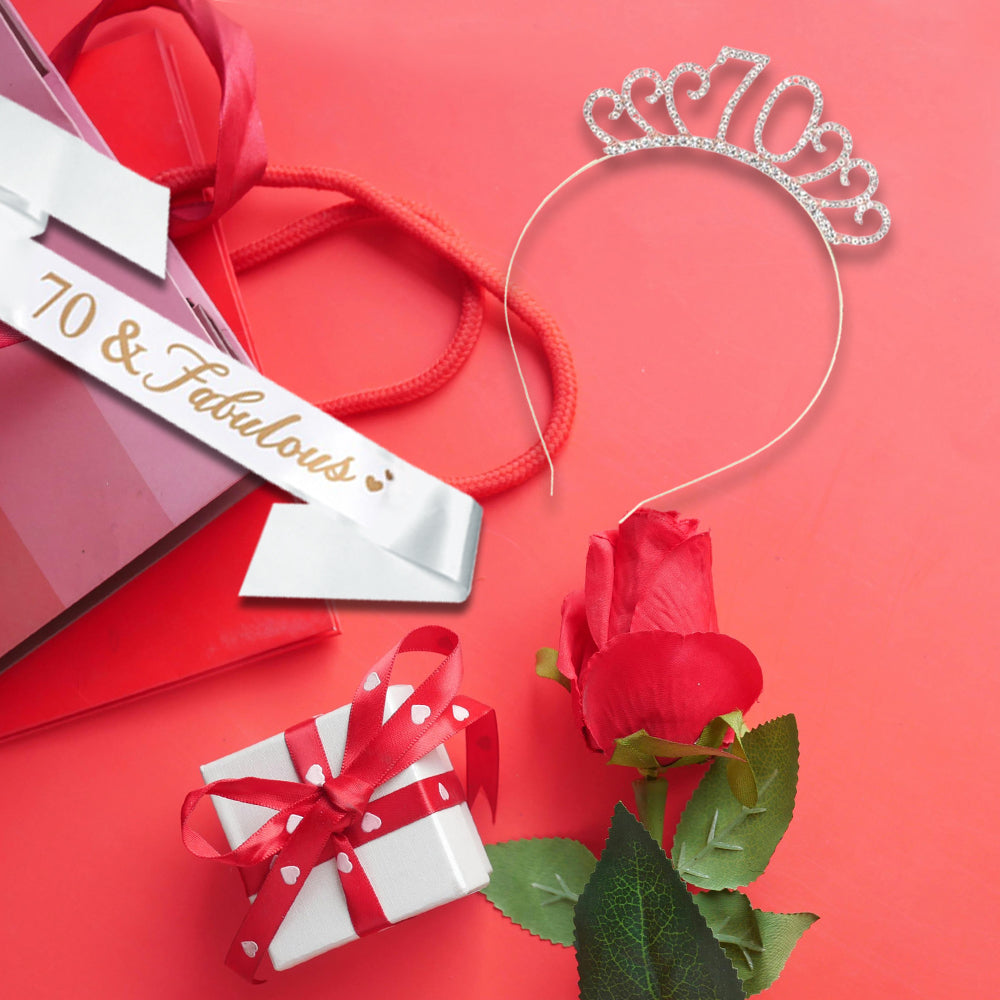 Ecomtwist 70th Birthday Sash & Tiara Set - Rose Gold 70 & Fabulous Satin Sash and Rhinestone Tiara - Ideal for 70th Birthday Gifts, Decorations, and Accessories for Women’s Celebrations
