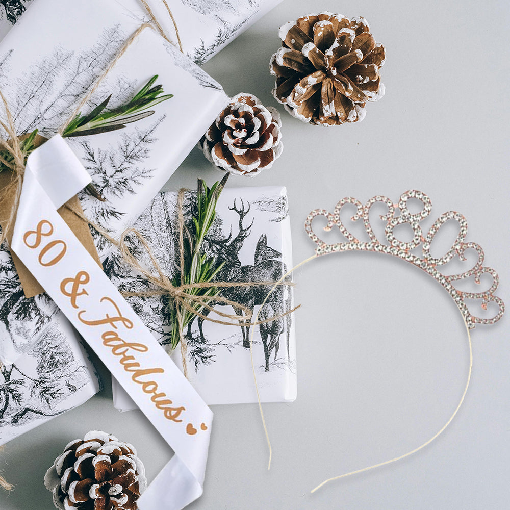 Ecomtwist 80th Birthday Sash & Tiara Set - Rose Gold 80 & Fabulous Satin Sash and Rhinestone Tiara - Ideal for 80th Birthday Gifts, Decorations, and Celebration Accessories for Women