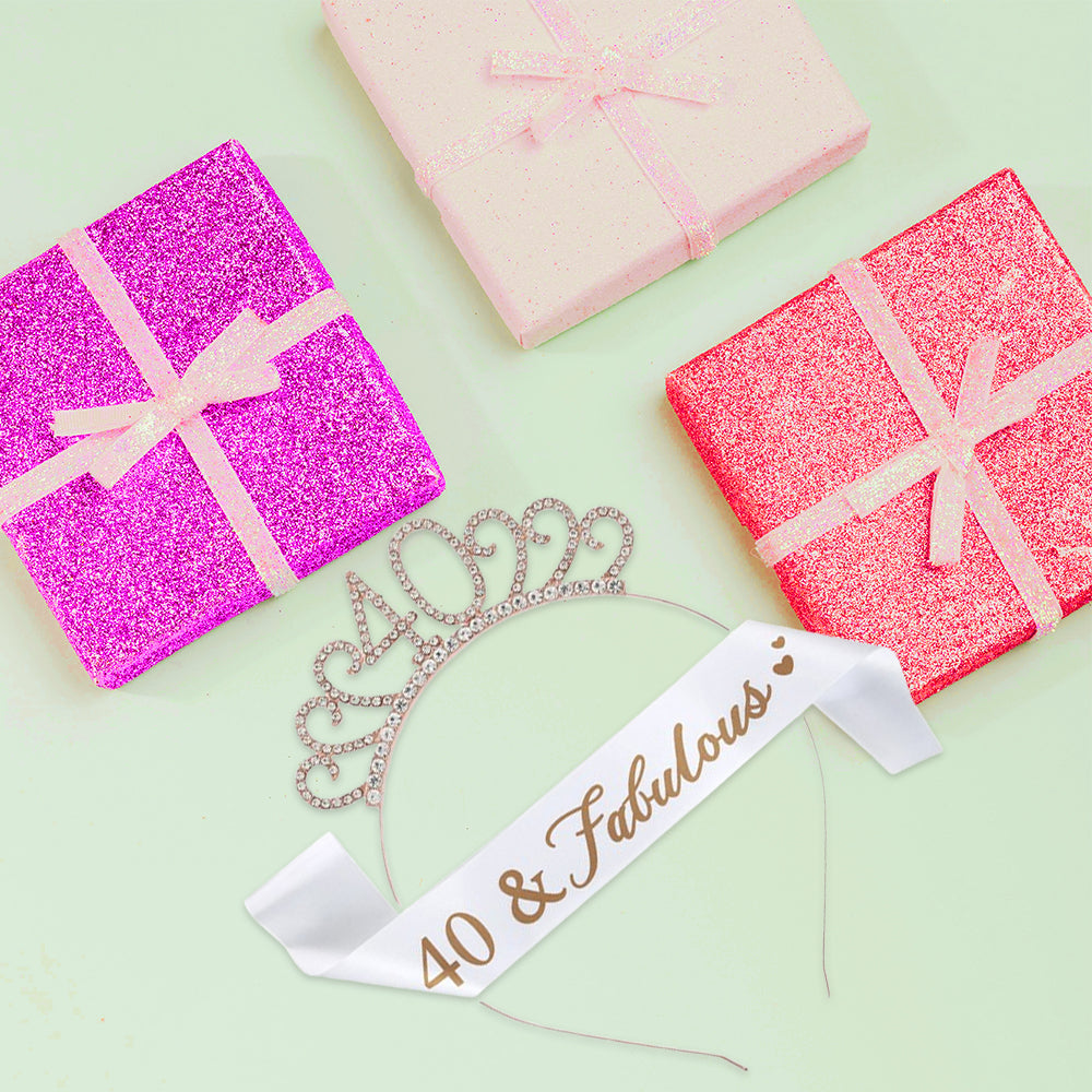 Ecomtwist 40th Birthday Sash and Tiara Set - Rose Gold 40 & Fabulous Sash with Rhinestone Tiara - Ideal for 40th Birthday Gifts, Celebrations, Crowns, Headbands, and Party Accessories for Women.