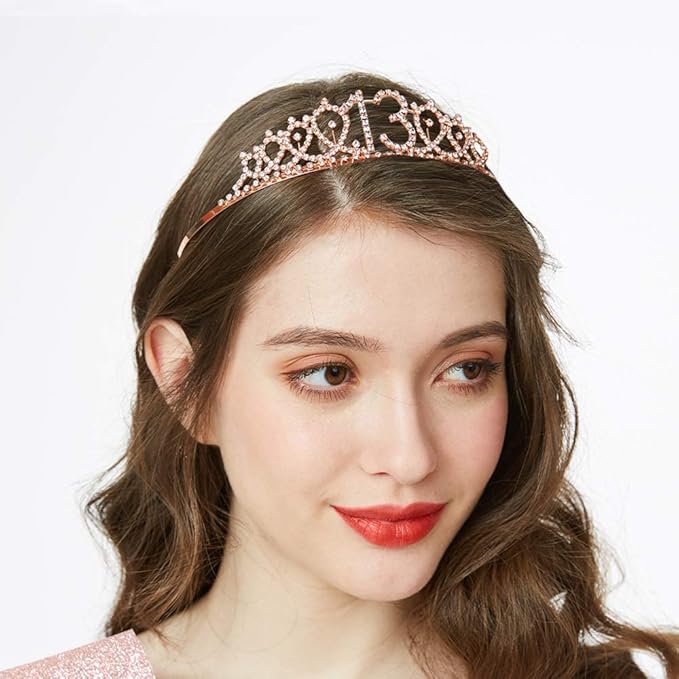 Ecomtwist 13th Birthday Sash & Tiara Set - Rose Gold 13 & Fabulous Satin Sash and Rhinestone Tiara - Ideal for 13th Birthday Gifts, Decorations, and Celebration Accessories for Women