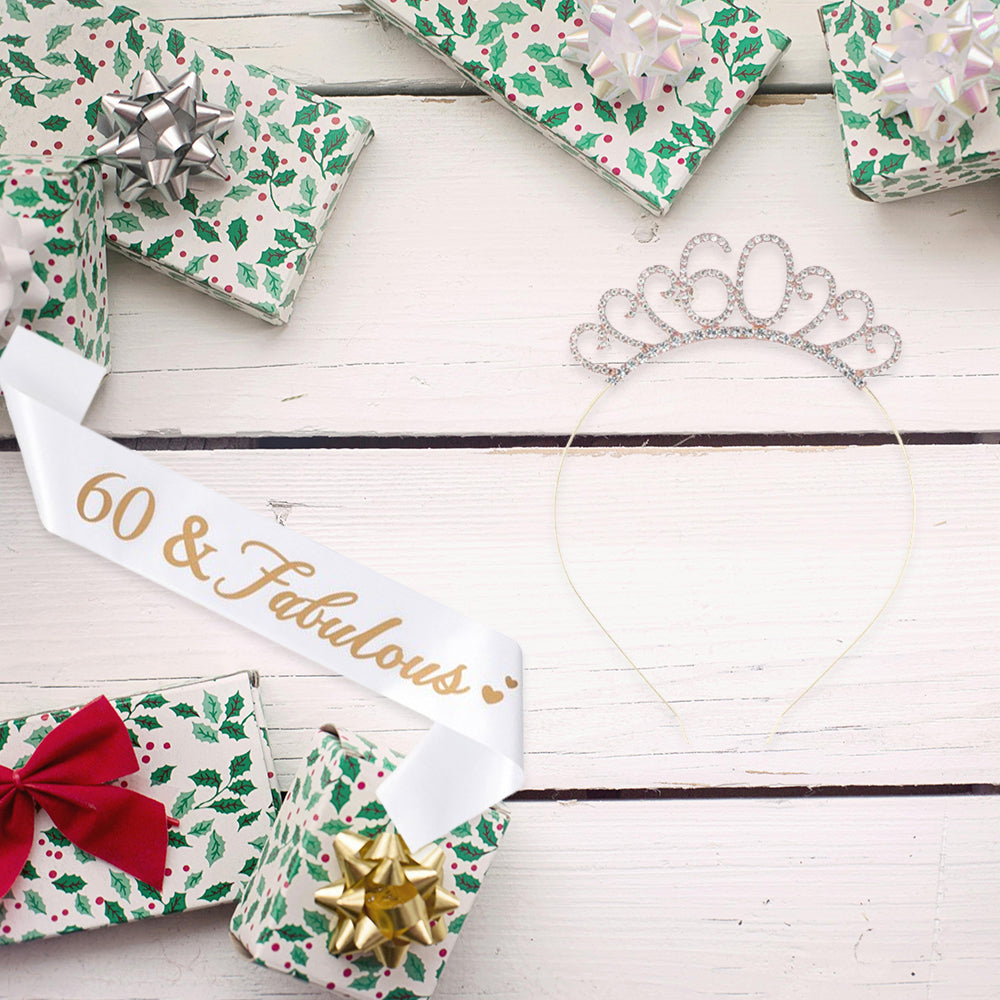 Ecomtwist 60th Celebration Sash & Crown Set - Rose Gold 60 and Fabulous Sash & Sparkling Rhinestone Crown - Ideal for 60th Birthday Gifts for Her, Milestone Party Decorations, and Accessories.