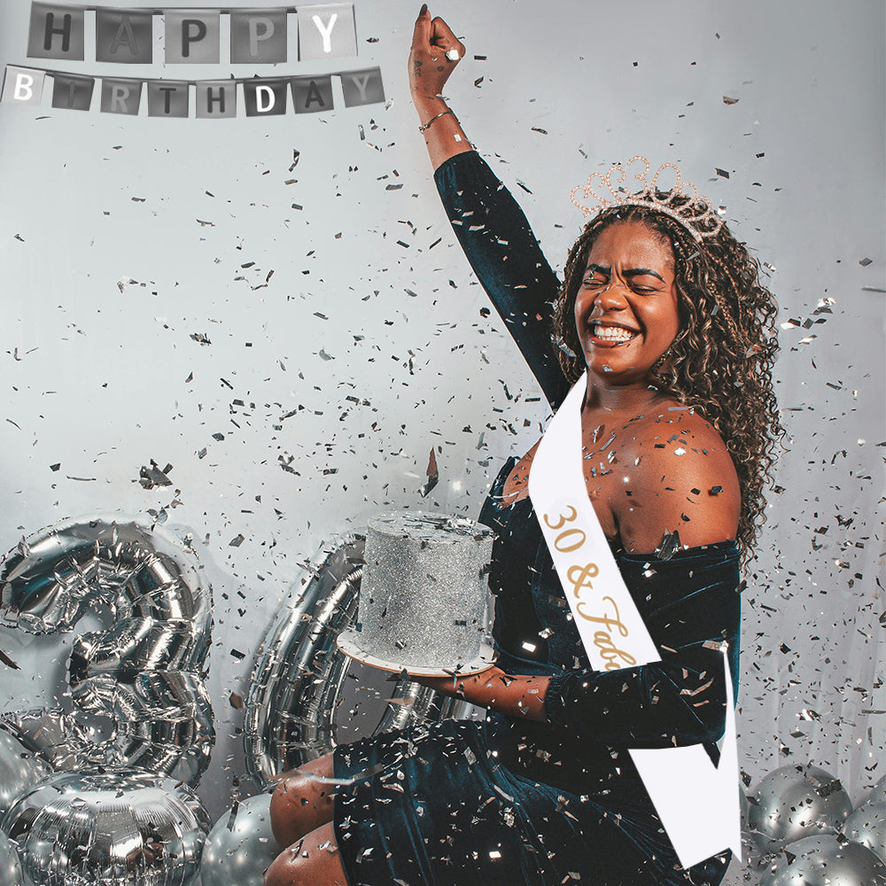 Ecomtwist 30th Birthday Sash & Tiara Set – Rose Gold Glitter Sash with 30 and Fabulous Text and Sparkling Rhinestone Tiara – Perfect Milestone Birthday Gift for Women.