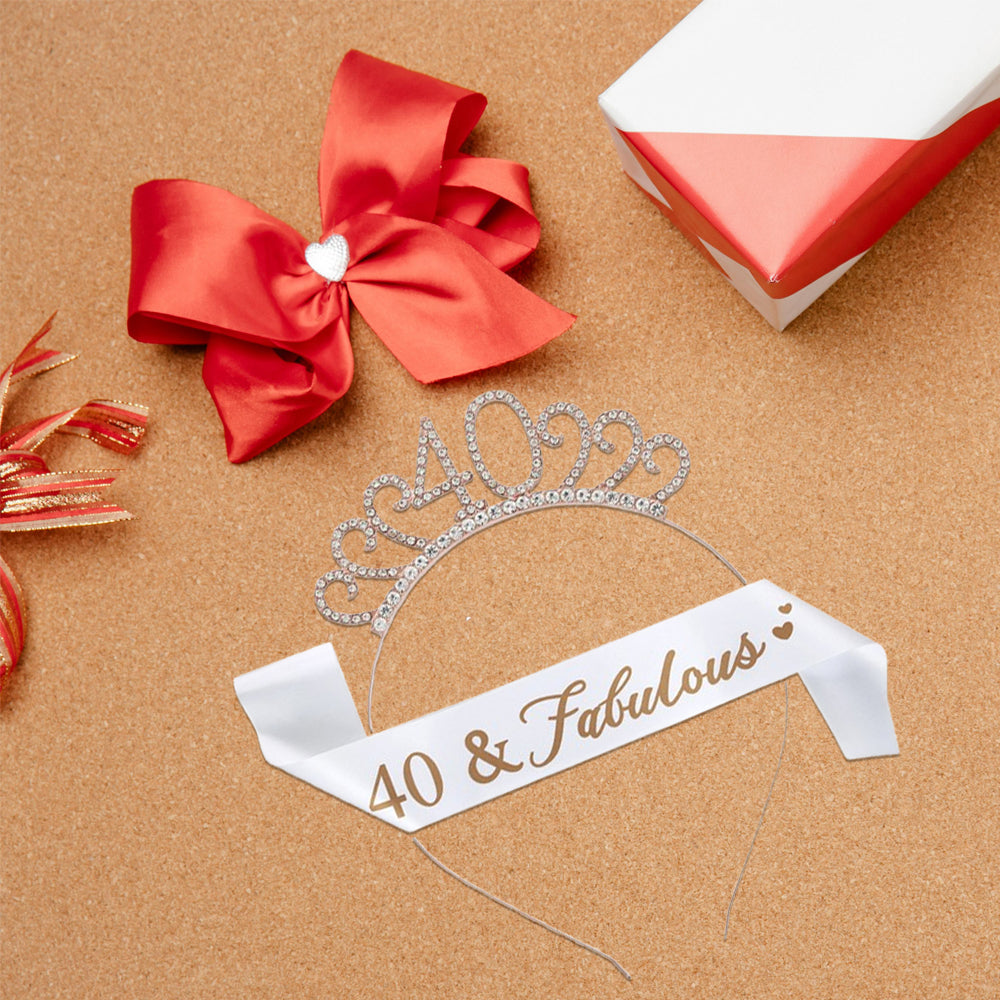 Ecomtwist 40th Birthday Sash and Tiara Set - Rose Gold 40 & Fabulous Sash with Rhinestone Tiara - Ideal for 40th Birthday Gifts, Celebrations, Crowns, Headbands, and Party Accessories for Women.