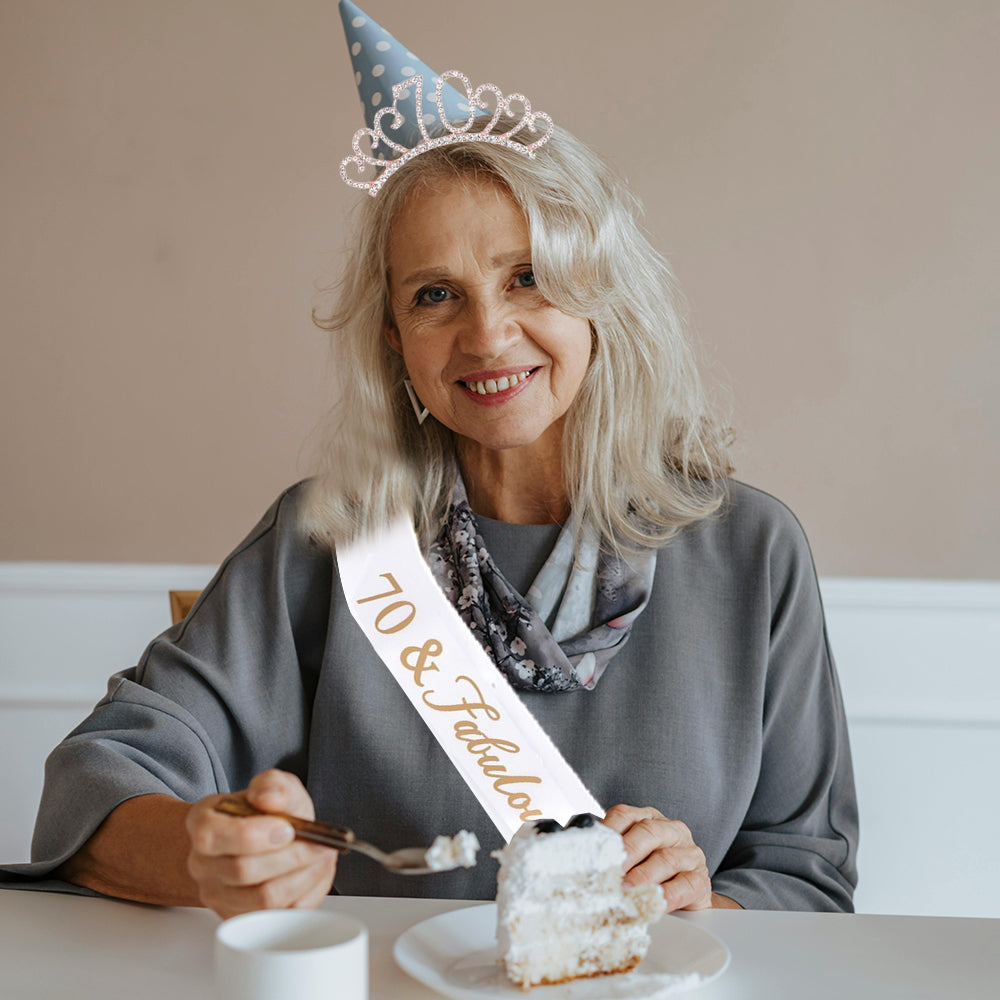 Ecomtwist 70th Birthday Sash & Tiara Set - Rose Gold 70 & Fabulous Satin Sash and Rhinestone Tiara - Ideal for 70th Birthday Gifts, Decorations, and Accessories for Women’s Celebrations