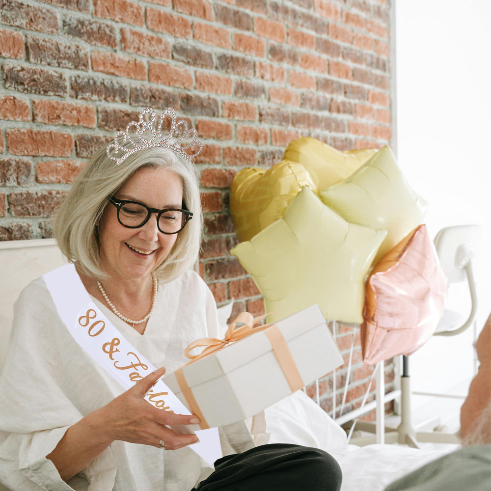Ecomtwist 80th Birthday Sash & Tiara Set - Rose Gold 80 & Fabulous Satin Sash and Rhinestone Tiara - Ideal for 80th Birthday Gifts, Decorations, and Celebration Accessories for Women