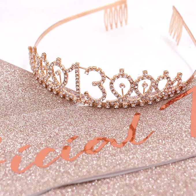 Ecomtwist 13th Birthday Sash & Tiara Set - Rose Gold 13 & Fabulous Satin Sash and Rhinestone Tiara - Ideal for 13th Birthday Gifts, Decorations, and Celebration Accessories for Women