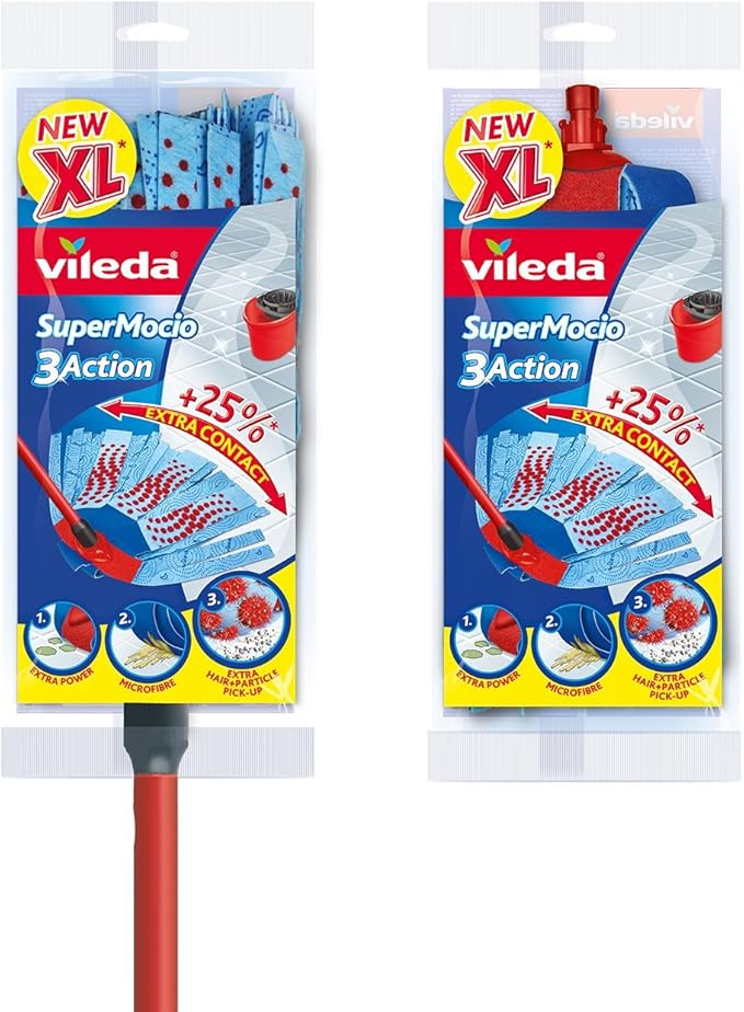 Vileda SuperMocio 3Action XL Mop with Extra Refill, Red/Grey/Blue, 15 x 6 x 117 cm