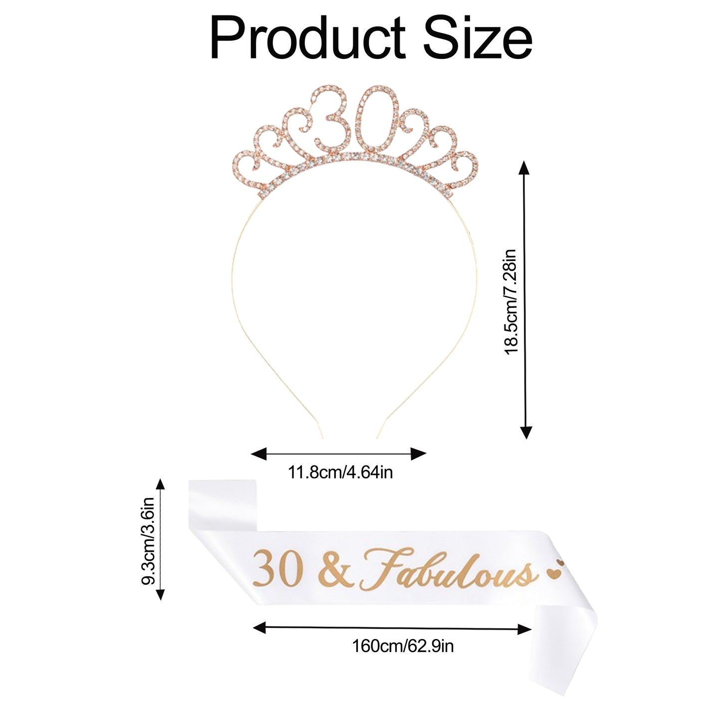Ecomtwist 30th Birthday Sash & Tiara Set – Rose Gold Glitter Sash with 30 and Fabulous Text and Sparkling Rhinestone Tiara – Perfect Milestone Birthday Gift for Women.