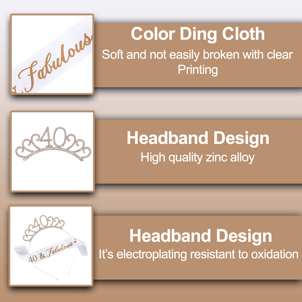 Ecomtwist 40th Birthday Sash and Tiara Set - Rose Gold 40 & Fabulous Sash with Rhinestone Tiara - Ideal for 40th Birthday Gifts, Celebrations, Crowns, Headbands, and Party Accessories for Women.