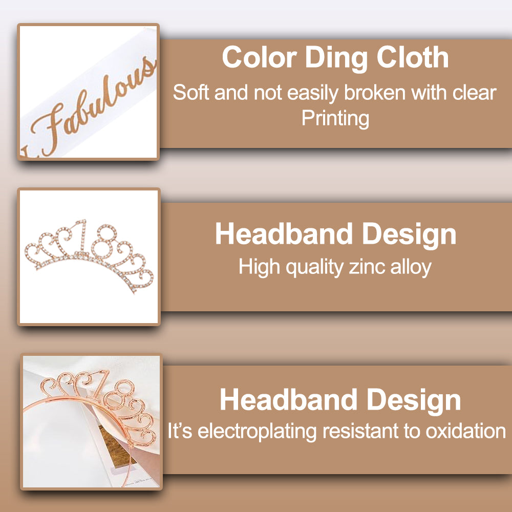 Ecomtwist 18th Birthday Sash & Tiara Set - Elegant Rose Gold Glitter Sash with 18 & Fabulous Text and Sparkling Rhinestone Tiara - Perfect for 18th Birthday Gifts for Girls and Party Celebrations.