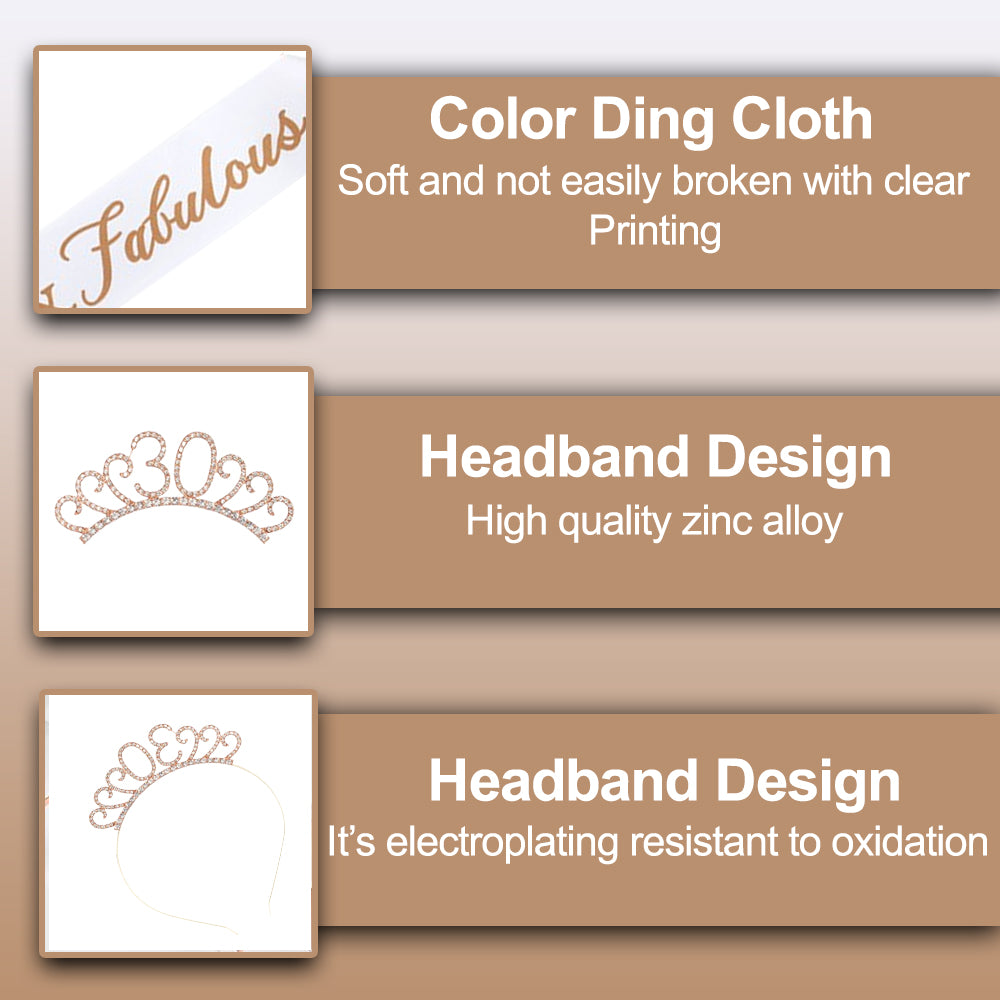 Ecomtwist 30th Birthday Sash & Tiara Set – Rose Gold Glitter Sash with 30 and Fabulous Text and Sparkling Rhinestone Tiara – Perfect Milestone Birthday Gift for Women.