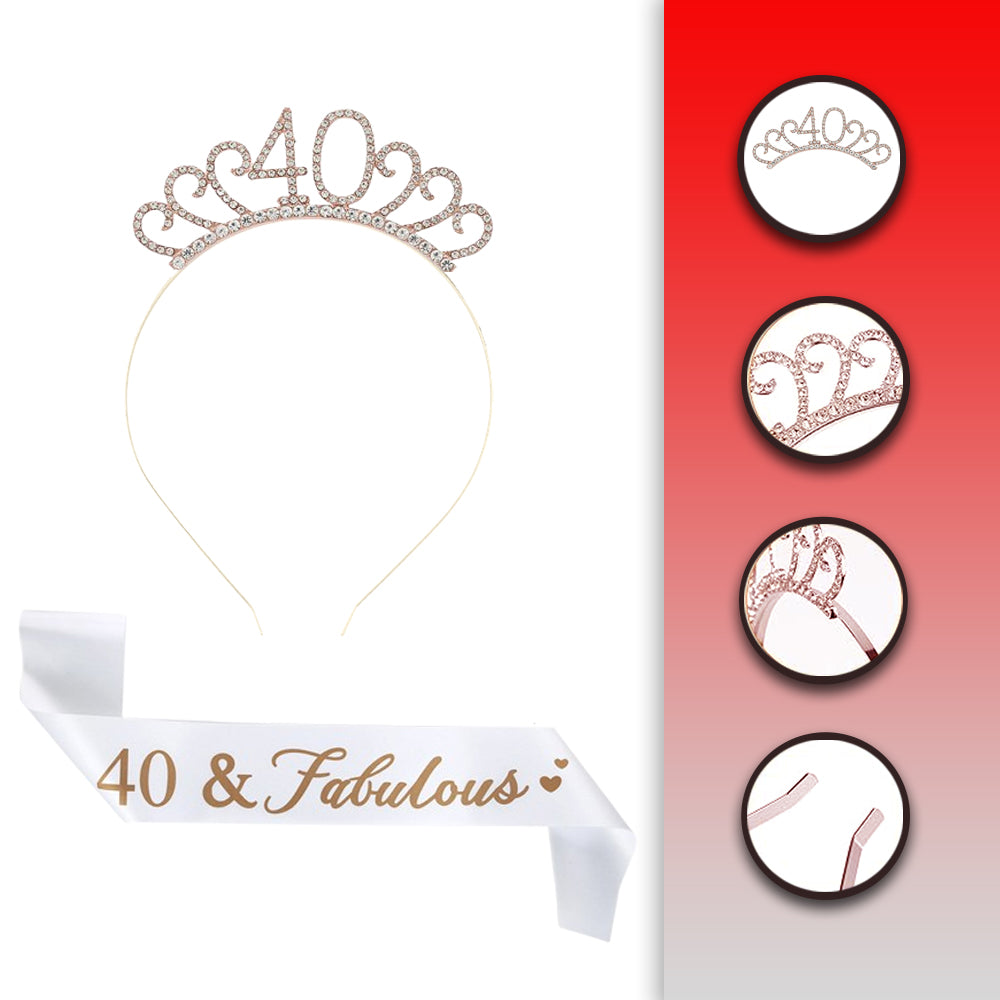 Ecomtwist 40th Birthday Sash and Tiara Set - Rose Gold 40 & Fabulous Sash with Rhinestone Tiara - Ideal for 40th Birthday Gifts, Celebrations, Crowns, Headbands, and Party Accessories for Women.