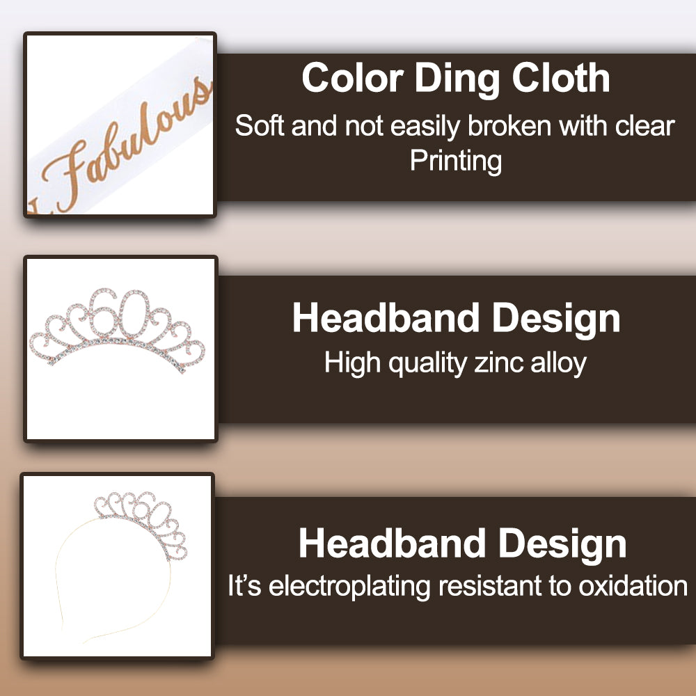 Ecomtwist 60th Celebration Sash & Crown Set - Rose Gold 60 and Fabulous Sash & Sparkling Rhinestone Crown - Ideal for 60th Birthday Gifts for Her, Milestone Party Decorations, and Accessories.
