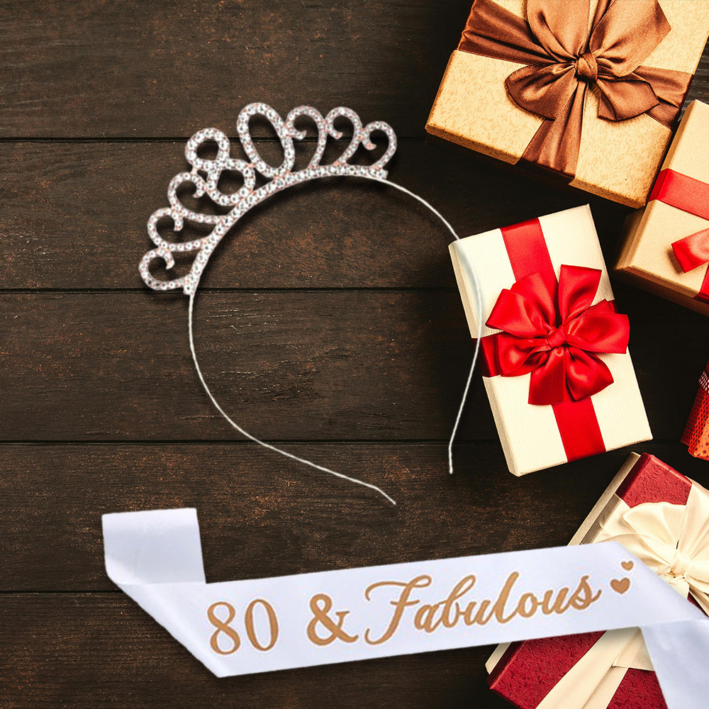 Ecomtwist 80th Birthday Sash & Tiara Set - Rose Gold 80 & Fabulous Satin Sash and Rhinestone Tiara - Ideal for 80th Birthday Gifts, Decorations, and Celebration Accessories for Women
