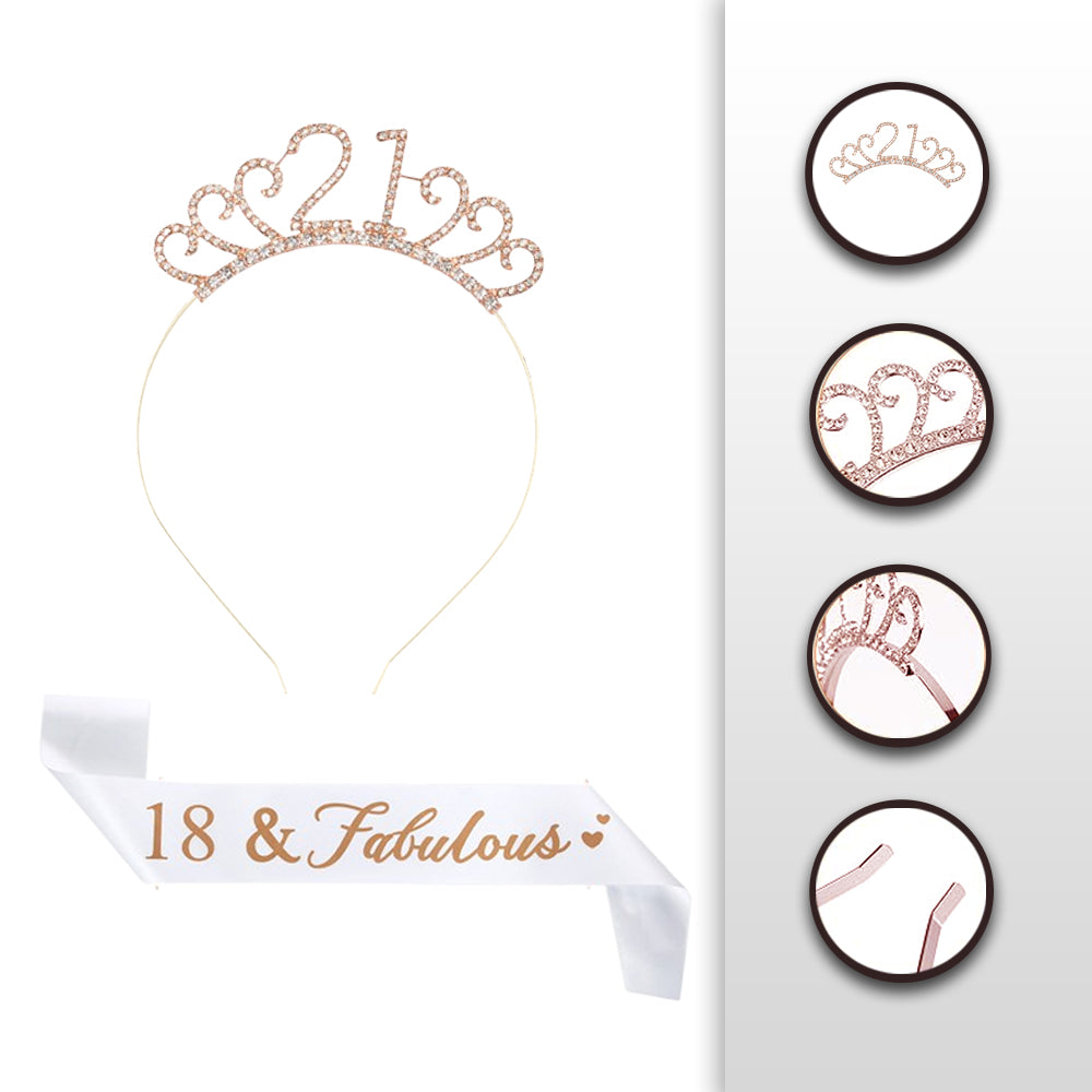 Ecomtwist 21st Birthday Sash & Tiara Set - Rose Gold “21 and Fabulous” Sash & Rhinestone Tiara - Perfect for 21st Birthday Gifts, Decorations, and Party Accessories