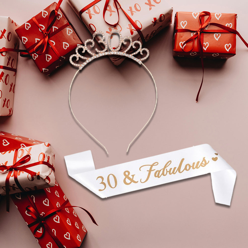 Ecomtwist 30th Birthday Sash & Tiara Set – Rose Gold Glitter Sash with 30 and Fabulous Text and Sparkling Rhinestone Tiara – Perfect Milestone Birthday Gift for Women.
