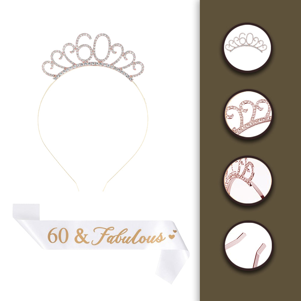Ecomtwist 60th Celebration Sash & Crown Set - Rose Gold 60 and Fabulous Sash & Sparkling Rhinestone Crown - Ideal for 60th Birthday Gifts for Her, Milestone Party Decorations, and Accessories.
