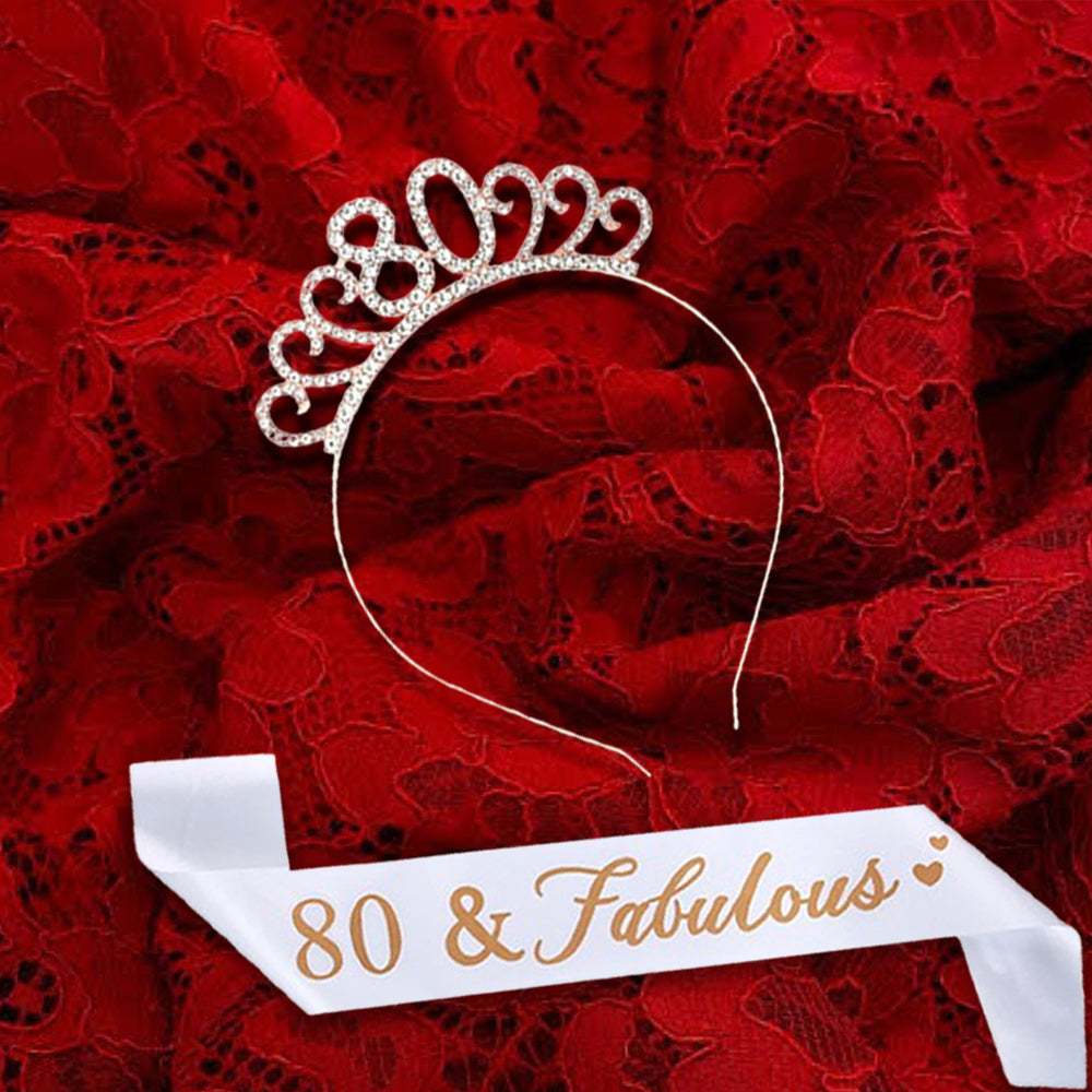Ecomtwist 80th Birthday Sash & Tiara Set - Rose Gold 80 & Fabulous Satin Sash and Rhinestone Tiara - Ideal for 80th Birthday Gifts, Decorations, and Celebration Accessories for Women