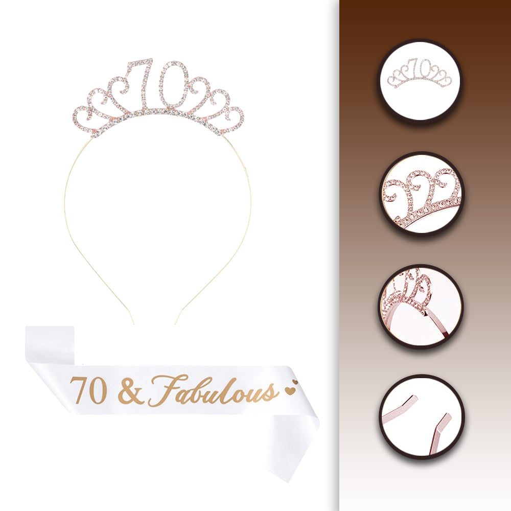 Ecomtwist 70th Birthday Sash & Tiara Set - Rose Gold 70 & Fabulous Satin Sash and Rhinestone Tiara - Ideal for 70th Birthday Gifts, Decorations, and Accessories for Women’s Celebrations