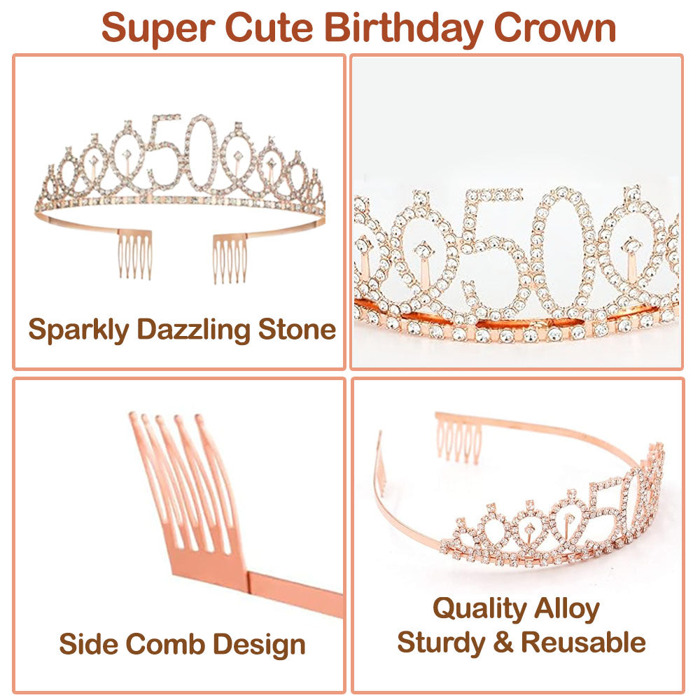 Ecomtwist 50th Birthday Sash & Tiara Set – Rose Gold 50 & Fabulous Sash & Rhinestone Tiara – Perfect for 50th Birthday Gifts, Decorations, Crown, Headband, and Party Accessories for Women