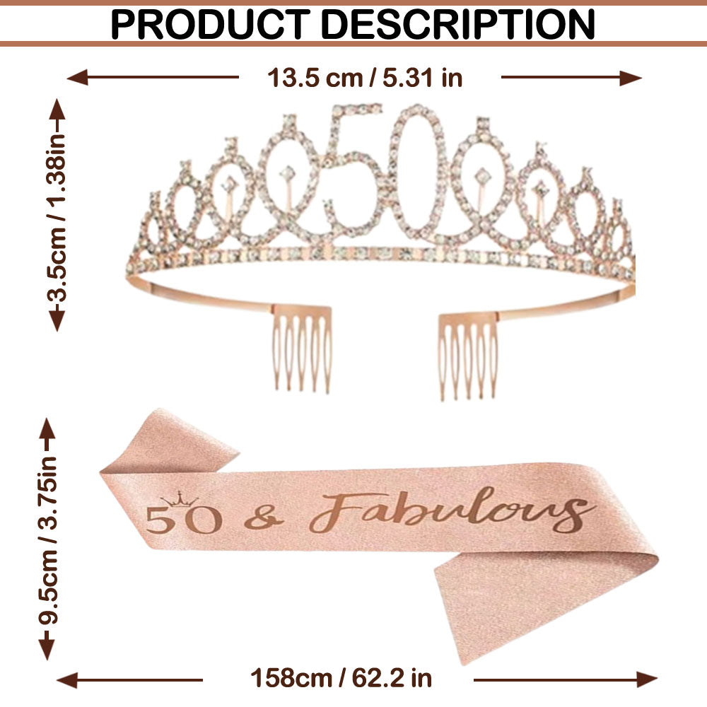 Ecomtwist 50th Birthday Sash & Tiara Set – Rose Gold 50 & Fabulous Sash & Rhinestone Tiara – Perfect for 50th Birthday Gifts, Decorations, Crown, Headband, and Party Accessories for Women