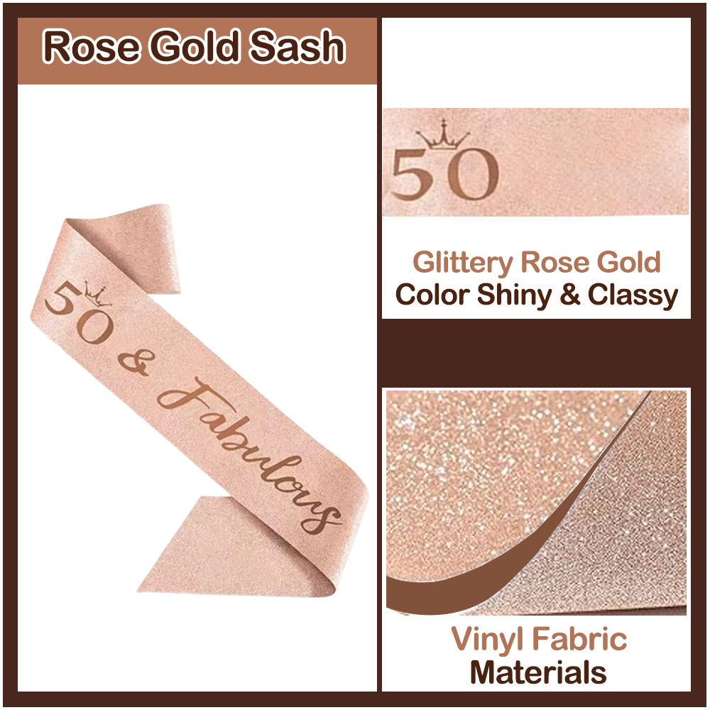 Ecomtwist 50th Birthday Sash & Tiara Set – Rose Gold 50 & Fabulous Sash & Rhinestone Tiara – Perfect for 50th Birthday Gifts, Decorations, Crown, Headband, and Party Accessories for Women