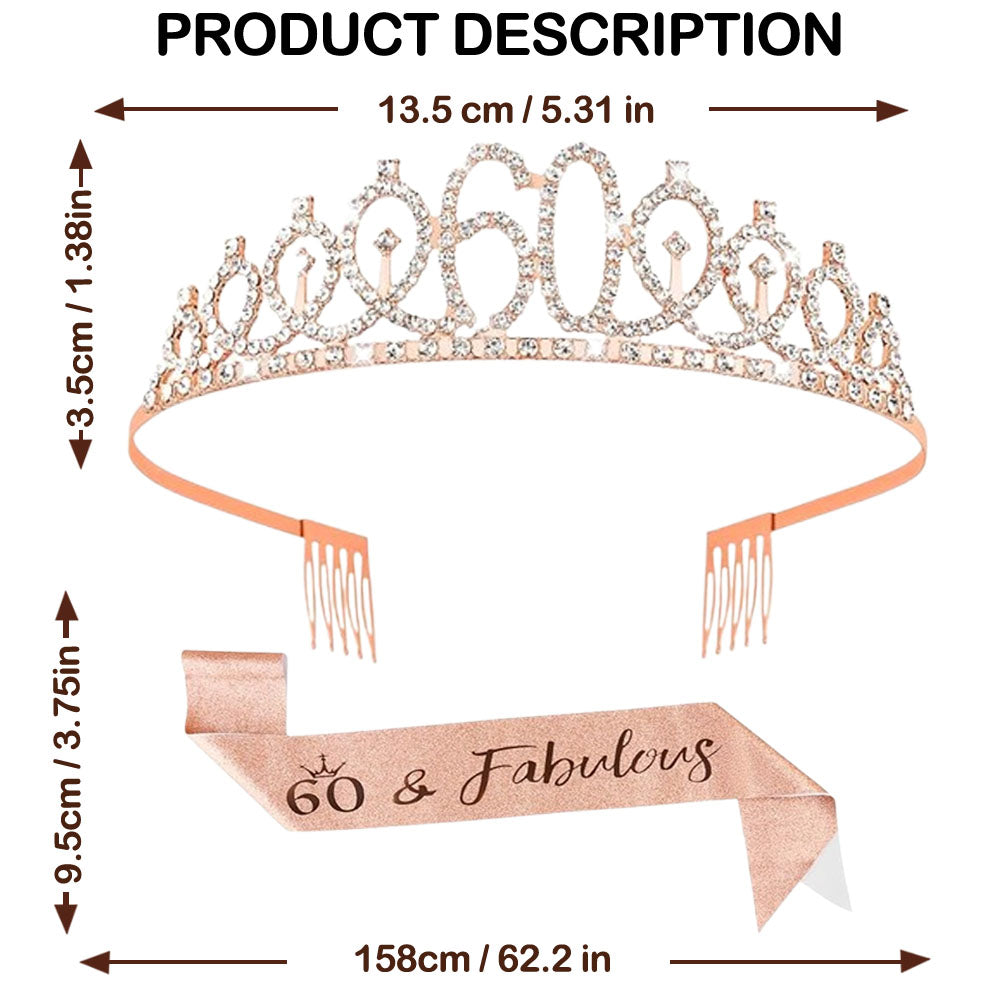 Ecomtwist 60th Birthday Sash & Tiara Set - Rose Gold “60 & Fabulous” Sash & Rhinestone Tiara - Perfect for 60th Birthday Gifts for Women, 60th Birthday Decorations, and Party Accessories.