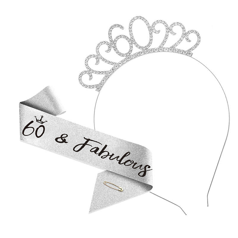 60th Birthday Tiara Crown & Sash Set 60 & Fabulous Glitter Headband Gift Prop