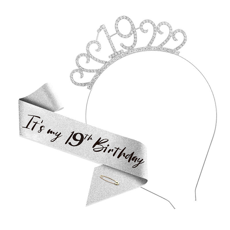 19th Birthday Girl Tiara Crown & Sash Set Glitter Headband Party Gift Prop