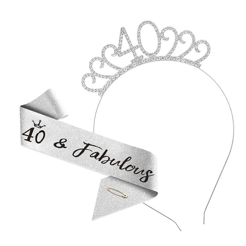 40th Birthday Tiara Crown & Sash Set 40 & Fabulous Glitter Headband Gift Prop