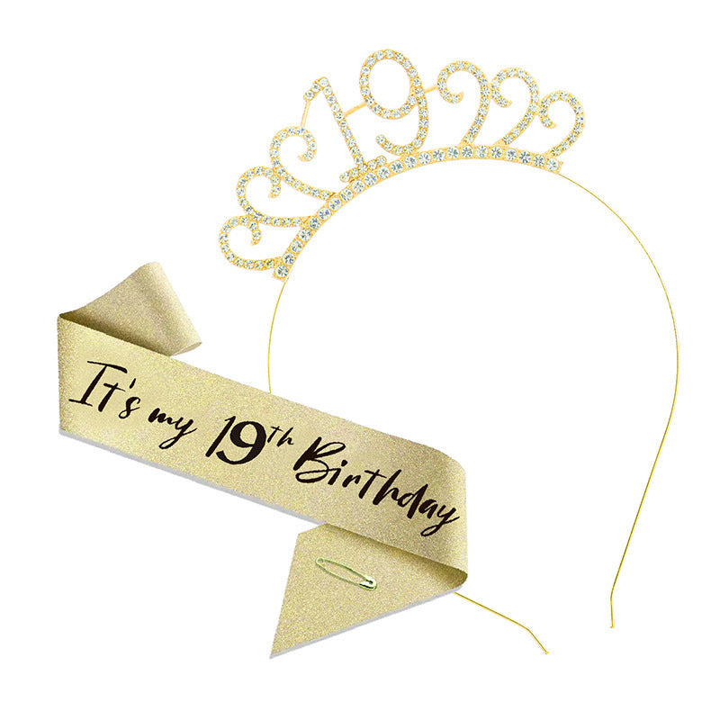 19th Birthday Girl Tiara Crown & Sash Set Glitter Headband Party Gift Prop