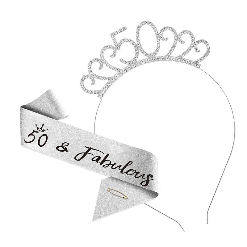 50th Birthday Girl Tiara Crown & Sash Set 50 & Fabulous Glitter Party Prop